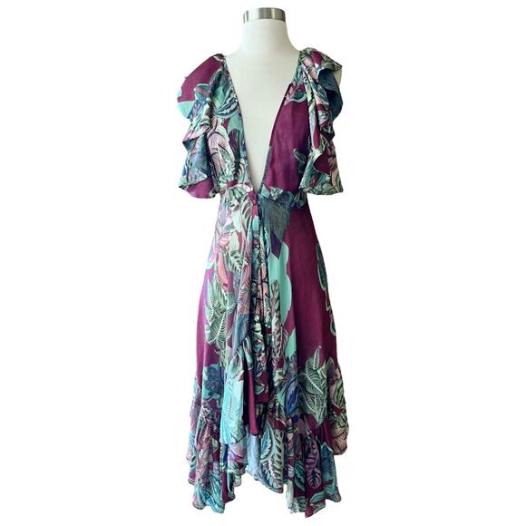 PATBO Tent Dress Red Floral Dress Ruffle Short Sleeves Plungeline Small EUC - Picture 8 of 10